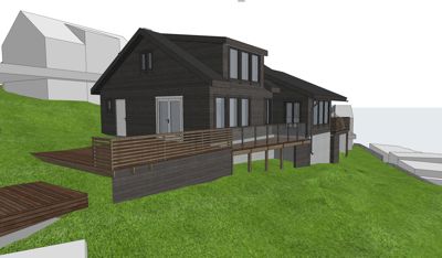 3D-visualisering av en planlagt hytte med mørk fasade, terrasse og omgivelser.