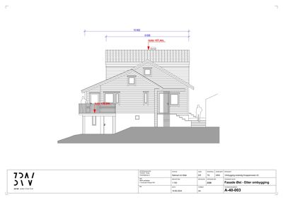 Fasadetegning (opprikk) av en bygning med mål og koteangivelser.