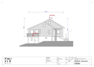 Fasadetegning (opprikk) av en eksisterende bolig med mål og koter.
