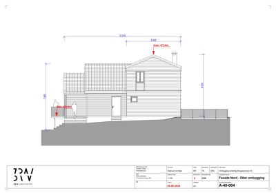 Fasadetegning (opprikk) av en bygning sett fra nord, med mål og koter.