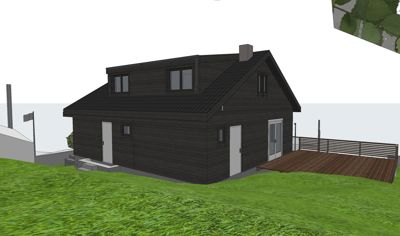 3D-visualisering av en mørk hytte sett fra siden, med en terrasse og grønt terreng.