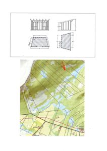 Bildet viser en topografisk kartutsnitt (situasjonskart) med terrengform, vannløp og eiendomsgrenser, samt en mindre tegning av en konstruksjon øverst.