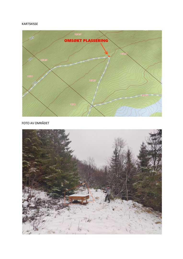 Bildet viser en kartskisse med topografiske linjer og en markert 'omsøkt plassering', samt et fotografi av området med en person og en bås.