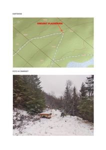 Bildet viser en kartskisse med topografiske linjer og en markert 'omsøkt plassering', samt et fotografi av området med en person og en bås.
