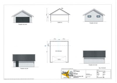 Fasadetegning som viser bygningens utseende fra fire sider (nord, øst, sør, vest) samt et snitt (Snitt A-A) og en planutsnitt (BYA 50,0m²).