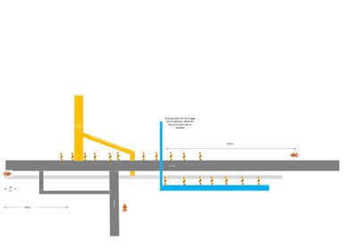 Tegning som viser detaljer for graving under vei og plassering av rørledninger.