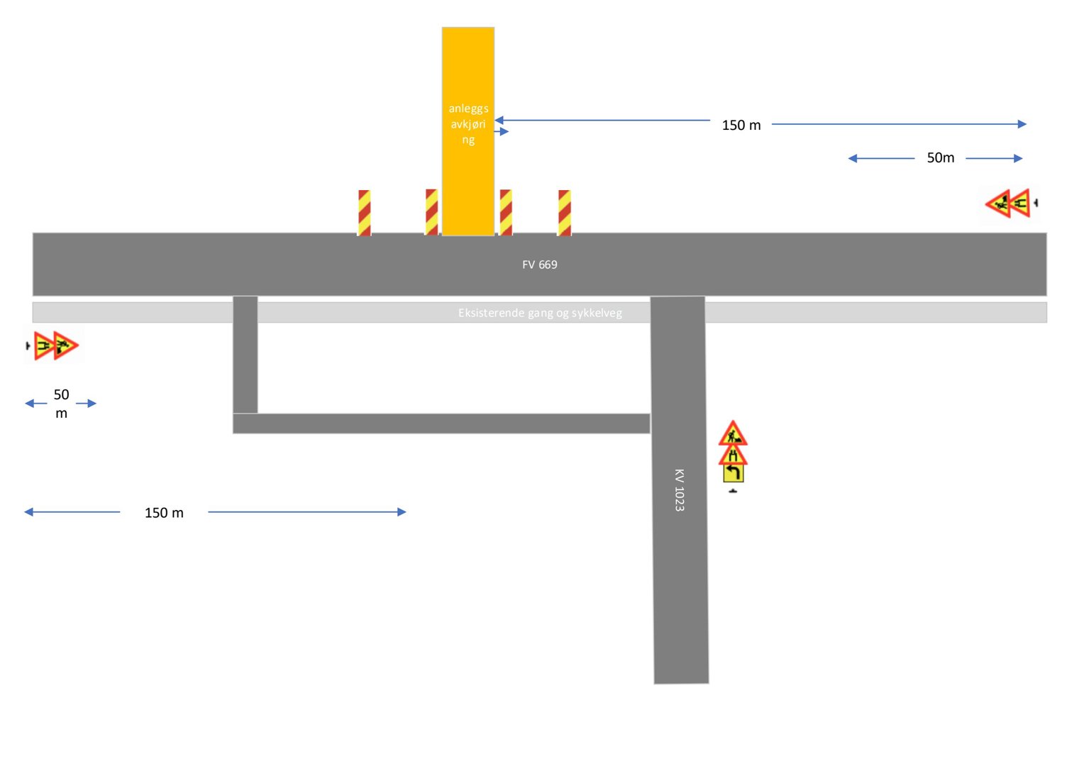 Situasjonsplan som viser plassering av en anleggsavkjøring i forhold til eksisterende veg (FV 669) og gang/sykkelveg, med angitte avstander.