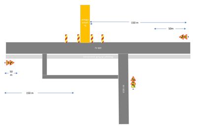 Situasjonsplan som viser plassering av en anleggsavkjøring i forhold til eksisterende veg (FV 669) og gang/sykkelveg, med angitte avstander.