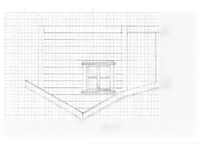 En håndtegnet fasadetegning (opprikk) av en bygning sett fra vest (MOT VEST). Tegningen viser takform, vindusoppsett og fasadens utforming.