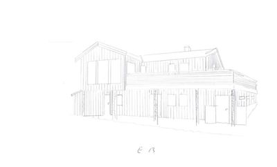 En håndtegnet fasadetegning som viser bygningens utside, takform og vindusoppsett.