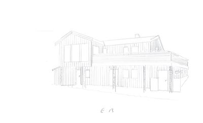 En håndtegnet fasadetegning som viser bygningens utside, takform og vindusoppsett.