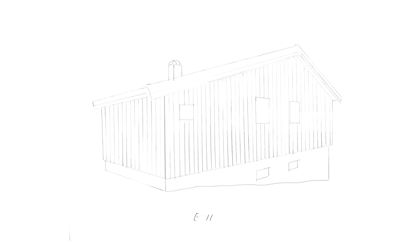 En tegning som viser fasaden til en bygning sett fra siden, med synlig taklinje, vinduer og en liten utbygging.