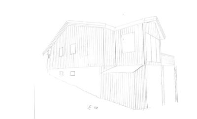 En håndtegnende 3D-visualisering (rendering) av en bygning sett fra utsiden, som viser fasade, tak og vinduer.