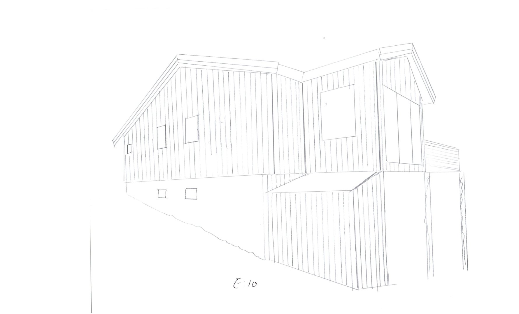 En håndtegnende 3D-visualisering (rendering) av en bygning sett fra utsiden, som viser fasade, tak og vinduer.