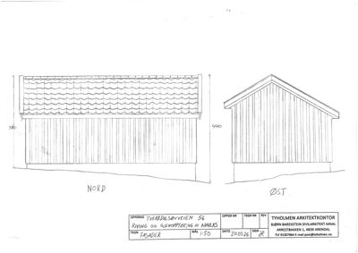 Fasadetegning som viser oppriss av bygningens nord- og østside med mål og orientering.