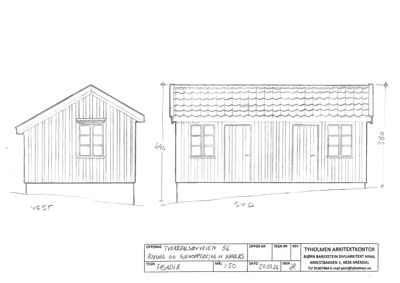 Tegning som viser fasader (vest og syd) av en bygning med mål, tegningsnummer og arkitektkontors opplysninger.