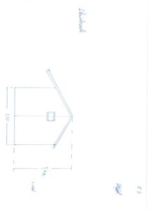 En håndtegnet etasjeplan (eller grunnplan) av en liten bygning, sannsynligvis en uthus eller hytte, med angitte mål på 3,50 x 3,40 meter og en tegnet dør.