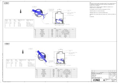 Teknisk detaljtegning som viser rørleggerarbeid (rør, kran, ventil) med dimensjoner og materialer.