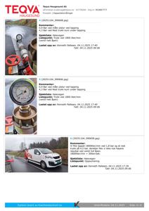 Dokument med tre fotografier fra et prosjekt for kapasitetsmålinger. Bildene viser en vannledning med trykkmåler, en trykkmåler i nærbilde, og en hvit lastebil med vannrør festet til siden.