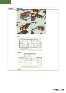 Bildet viser en samling tegninger for en bygning, inkludert en situasjonsplan (3D-modell) og etasjeplaner for kjeller, 1. etasje og 2. etasje.