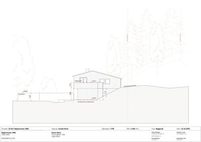 Fasadetegning (opprikk) av en bygning sett fra nord, med høydemål og terrengforhold.