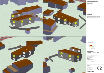 Situasjonsplan med 3D-visuell fremstilling av bygninger og terrengforhold, inkludert høydemålinger og prosjektinformasjon.