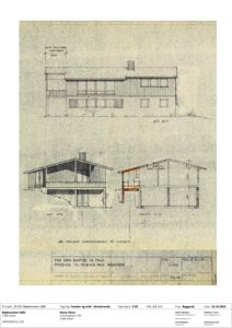 Fasadetegning og snitt for en tilbygning med vaskerom.