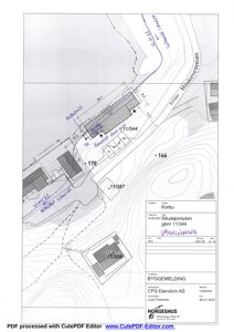 Situasjonsplan som viser tomtens beliggenhet, høydemålinger (konturer), naboeiendommer og veioppmerking.