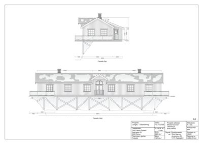 Tegning som viser fasadeopprikk for bygningen sett fra vest og sør, med mål og detaljer.