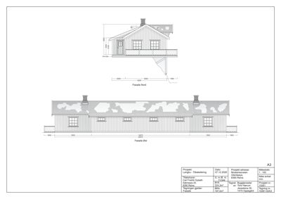 Fasadetegning som viser bygningens utseende fra nord og øst, inkludert mål og detaljer.