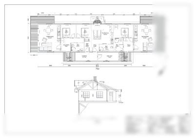 Bildet viser en plantegning (Plan) og et snitt (Snitt Sør) av en bolig, med romnavn, mål og orientering.