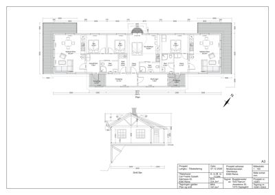 Bildet viser en plantegning (Plan) og et snitt (Snitt Sør) av en bolig, med romnavn, mål og orientering.
