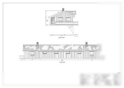 Fasadetegning som viser bygningens utseende fra nord og øst, inkludert mål og detaljer.