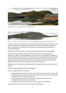 Fotografier av bygninger og omgivelsene ved Ole Nilsøy, inkludert en rød bygning på en holme og en orange bygning på piler. Bildene illustrerer beliggenheten og forholdet til strandsonen.