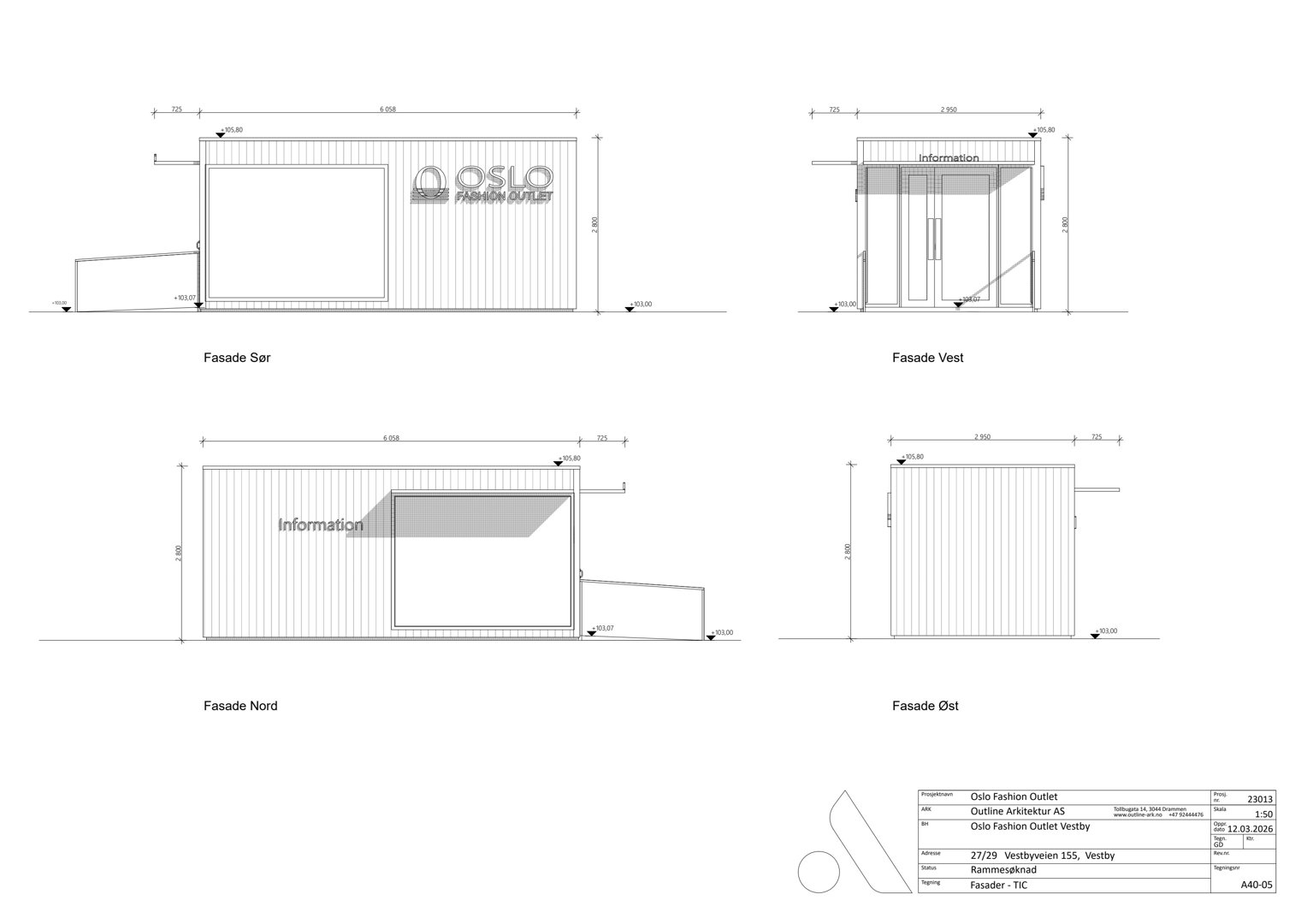 Fasadetegninger (opprikk) for Oslo Fashion Outlet i Vebbyen, som viser utsiden av bygningen sett fra de fire hovedsidene (Sør, Vest, Nord, Øst).