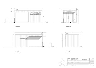Fasadetegninger (opprikk) for Oslo Fashion Outlet i Vebbyen, som viser utsiden av bygningen sett fra de fire hovedsidene (Sør, Vest, Nord, Øst).