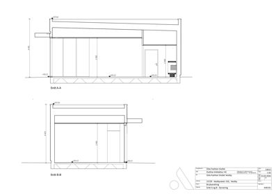 Bildet viser to snittegninger (Snitt A-A og Snitt B-B) av en bygning, med høydemål og konstruksjonsdetaljer.