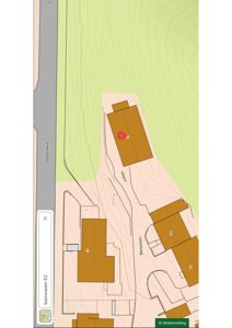 Kartutsnitt som viser tomt, veier (Dåbbriskka, Banaveien) og nabohus i et terreng med høydeforskjeller.