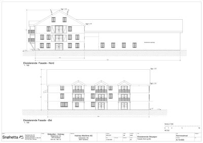 Tegning som viser fasadeopprikk (Nord og Øst) av en eksisterende bygning.