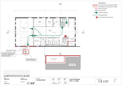Etasjeplan for 2. etasje i Gammelbrygga, som viser romfordeling, brannveier, brannutgang og brannskjerming.