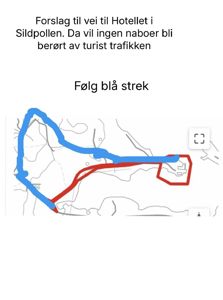 Et kart med håndtegnede ruter (blå og rød) som viser et forslag til ny vei til et hotell, basert på en digital kartbakgrunn.