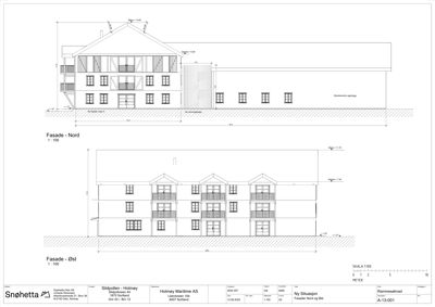 Bildet viser to fasadetegninger (Nord og Øst) for en bygning, inkludert mål og detaljer om vinduer og balkonger.