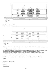 Bildet viser to fasadetegninger (opprikk) av en bygning sett fra øst, med mål og en tekstuell diskusjon om endringer i fasadens utforming.