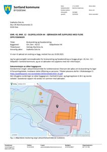 Kart over eiendommen (Sortland, 43/12) som viser bygningens plassering i forhold til kvikkleiresone.