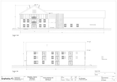 Fasadetegning som viser bygningens utseende sett fra nord og øst, inkludert vinduer, dører, takform og høydemål.