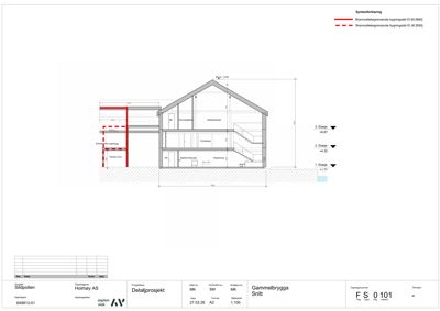 Snittegning som viser bygningens indre struktur, romfordeling og høyder.