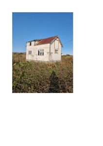 Fotografi av en liten, hvit, utvokst bygning med rustet tak i et overvokst felt.