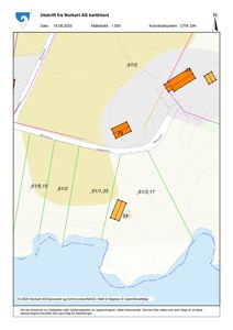 Kartutsnitt fra Norkart AS som viser eiendomsgrenser, vegnett (Nesvålen) og topografi for et område.