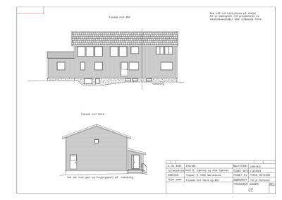 Fasadetegning som viser bygningens utseende fra to sider (mot Øst og mot Nord) med detaljer om vinduer, dører og takform.