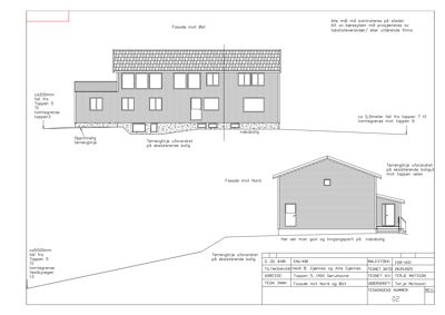 Tegning som viser fasade mot øst og nord for en bygning, inkludert detaljer om terrengforhold og nabobolig.
